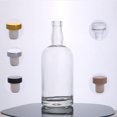 China Wholesale Custom Flint Glass Clear Round Classical Empty Brandy Gin Rum Vodka Tequila Liquor Beverage Bottle with Cork Stopper for sale