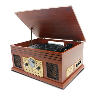 China Leetac All YES in One Wooden Phonograph Player Wooden Phonograph CD Bluetooth Cassette Turntable with Casset for sale