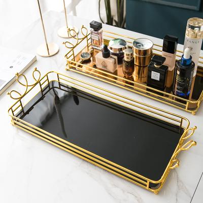 China Corrosion Resistance Serving Tray Set Nordic Modern Gold Glass Metal Acrylic Mirror Around Luxury Decorative Serving Trays For Serving With Handles for sale