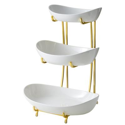 China Sustainable 3 Tier Ceramic Fruit Candy Dish Tray With Metal Rack for sale