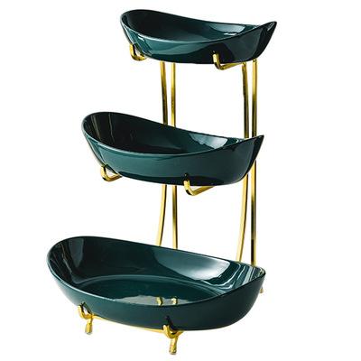 China 3 Layer Viable Gold Green Rim Ceramic Home Living Room Snack Fruit Dishes Rack Trays With Storage Racks for sale