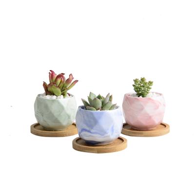 China Wholesale Corrosion Resistance Diamond Design Small Cute Marble Ceramic Succulent Pots For Plants With Bamboo Tray Planter Set for sale