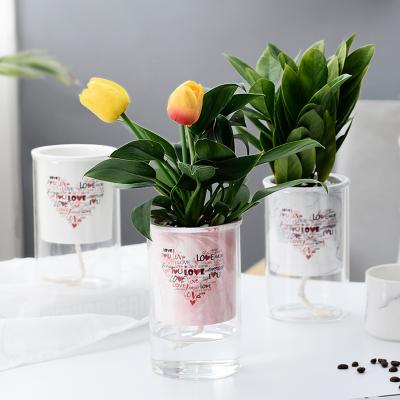 China Corrosion Resistance Ceramic Marble Porcelain Hydroponic Lazy Flower Pots For Succulent Plants With Glass Stand for sale