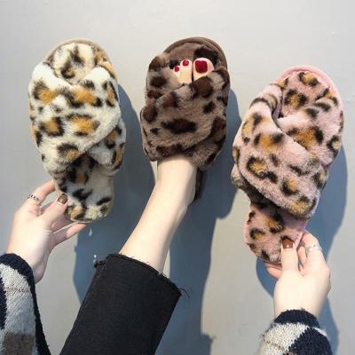 China Damping Open Toe Women's Bedroom Shoes Female Faux Hairy Winter Women Fur Home Slippers Warm Cross Soft Plush Ladies for sale