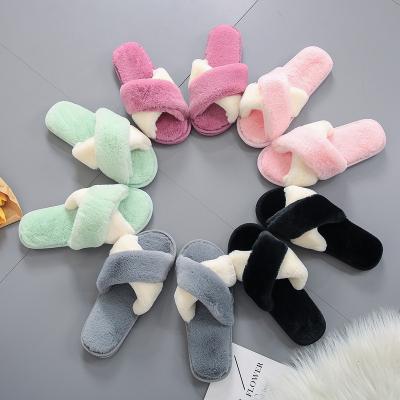 China Cushioning Soft Plush Cross Toe Slides Fashion Shoes Faux Hairy Open Furry Women's Bedroom Slippers Women Warm Fur Ladies for sale