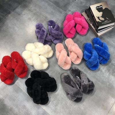 China Wholesale100% Women Fluffy Cross Fur Cushioning Slips Wool Slippers for sale