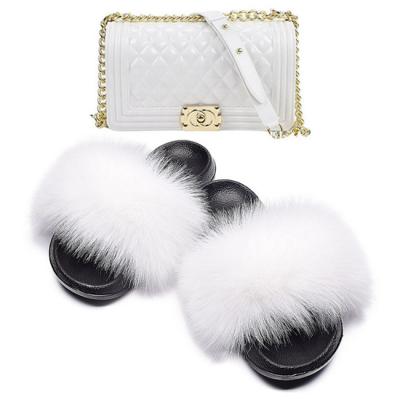 China 2021 Summer Custom Open Toe Lady Multi Color Real Raccoon Fur Slides Cushioning With Purse Set for sale