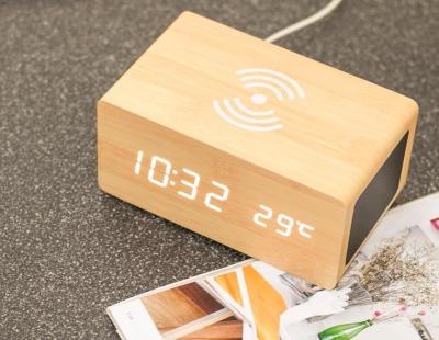 China New Design High Quality Digital LED Time Alarm Wooden Clock with USB Wireless Charger and Phone Speaker Charging Home for sale