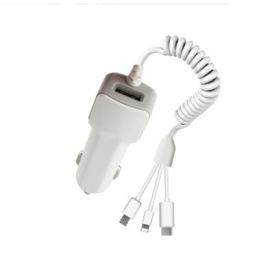 China Mobile phone 5V 2.1A type-c+micro usb+Iightning 3 in 1 cable usb car charger for iphone car charger with cable for sale