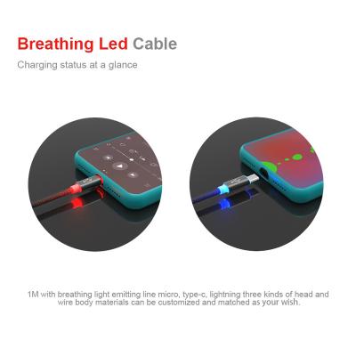 China 1m With Breathing Line Glowing Fashion USB Cable For Mobile Phone 1M Breathing Led Cable USB To Type-C Cable For Fast Charger Charging And Data for sale