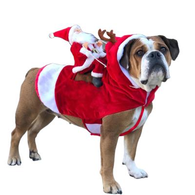 China Christmas Stocked Costumes for Dogs Santa Claus Riding Warm Designer Pet Clothes Winter Cosplay Clothes for sale