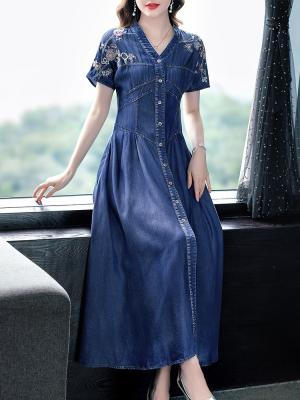 China 2023 New Women's Breathable Mid-calf Long Sleeve Denim Short Summer Dresses S-XL Embroidery Single Breasted V-Neckline for sale