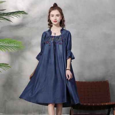 China Breathable Free ShippingVintage Sleeve Denim Women's Embroidery Half Square Collar Autumn Spring Loose Dresses S-XL Knee Length for sale