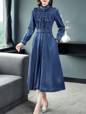 China Full Ruffles 2023 Autumn Spring Single Breasted Dresses M-XL Vintage Breathable Women's Mid-Calf Long Sleeve Denim for sale