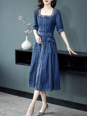 China 2023 New Vintage Women Breathable Mid Calf Long Sleeve Denim Spring Dress M-XL Single Breasted Half Breasted Embroidery for sale