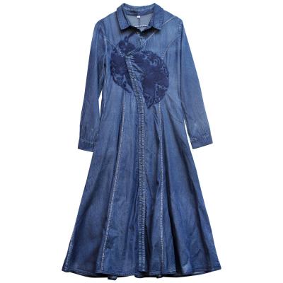 China 2023 Autumn Spring Single Breasted Dress M-XL Denim Vintage Breathable Women's Long Sleeve Full Embroidery for sale