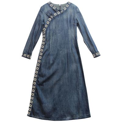 China Autumn Spring Single Breasted Embroidery Vintage Breathable Women's Mid-Calf Long Sleeve Denim Dress Full Embroidery for sale