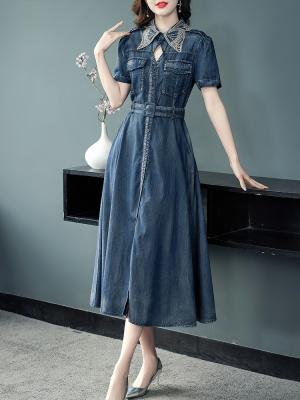 China 2023 Vintage Women's Vintage Long Mid-Calf Sleeve Breathable Denim Short Summer Single Breasted Dress S-XL Turn Down Collar for sale