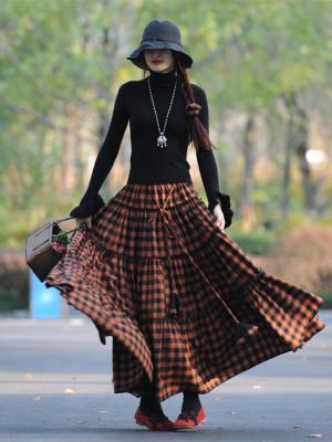 China 2023 Autumn Winter New Fashion Long Maxi Waist Women Cotton Elastic One Line Big Edge Breathable Plaid Skirts S-2XL for sale