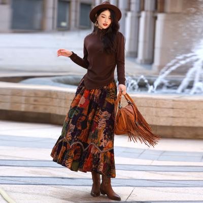 China New Fashion Breathable Waist Women Autumn Spring M-L Oil Painting Skirts Cotton One Line Elastic Long Maxi Skirts for sale