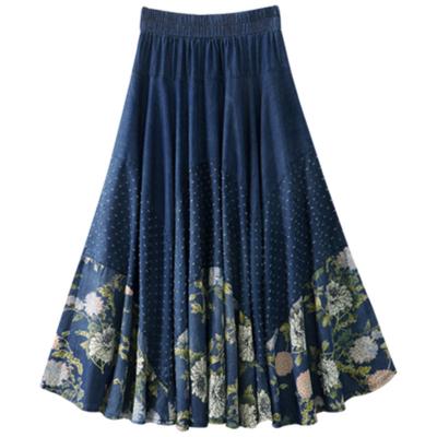 China Elastic Waist Spring And Summer Long Maxi Women A Line Jeans Breathable Flower To Print High Waist Denim Skirts For Women Ladies Vintage Skirt for sale