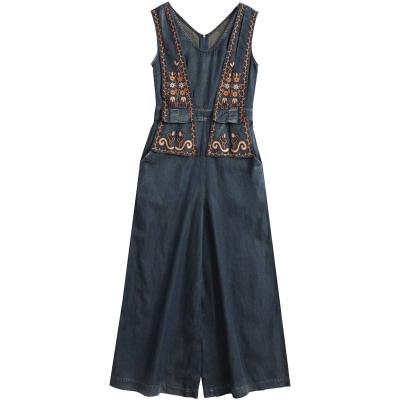 China New fashion breathable sleeveless women denim embroidery wide leg overalls and rompers summer slim pants S-XXL for sale