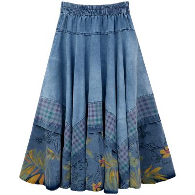 China TIYIHAILEY Vintage Thick Skirts Long Shipping Spring Waist Women Maxi Autumn Denim Print Plaid Big Elastic Skirt One Line Breathable Edge Free for sale