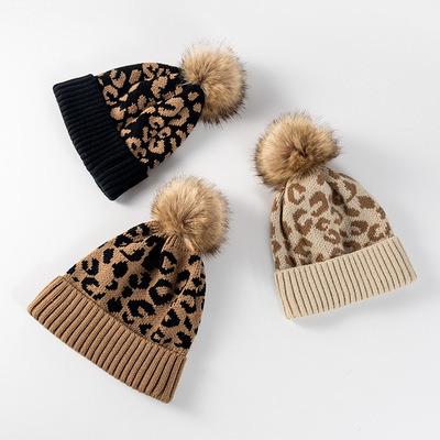 China Women's COMMON Leopard High Quality Beanie Hats With Fur Ball Acrylic Knitting Winter Thicken Warm Hat for sale