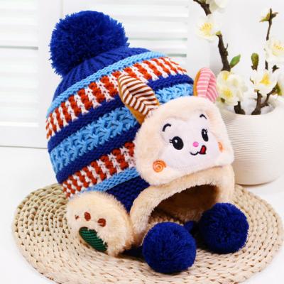 China Logo Cotton Keep Warm Earflap Custom Warm Cartoon Animal Shape Cute Kids Winter Knitted Ski Pom Pom Beanies Hat for sale