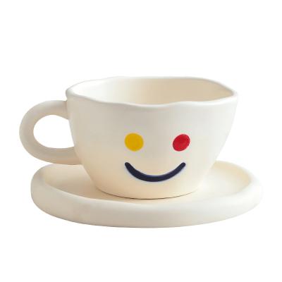 China Sandstone Matte Irregular Color Irregular Color Sandstone Smiling Face Coffee Mug Dim Sum Dish Coffee Set Suit for sale