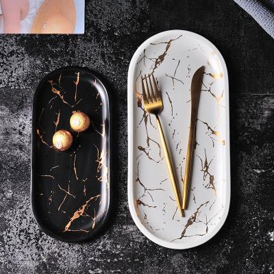 China Viable Nordic Style Marbling Rectangular Ceramic Sushi Kitchen Dish Household Jewelry Western Tray for sale