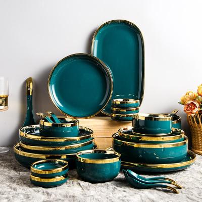 China Viable affordable luxury style gold edge dishware set net red ceramic soup bowl dish household eating dinnerware set for sale