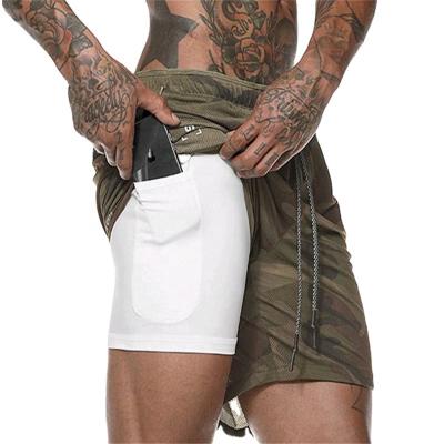 China 2022 Breathable Wholesale Pocket Stock Double Cloth Sports Training Holding Phone Summer Shorts Men Running Shorts To Mesh Striping Shorts for sale