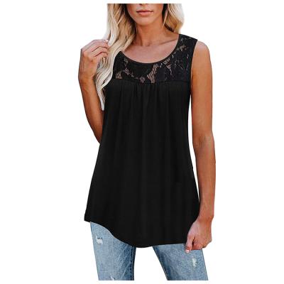 China Anti-wrinkle Lace Bust Round Sleeveless Edge Pleated Women Loose Fit Seam T-shirt for sale