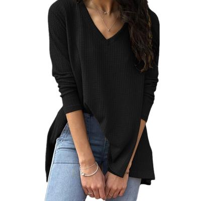 China Classic Simple Solid Black Color V Neck Long Sleeve T Shirt Women Anti-wrinkle Design Top Wear for sale