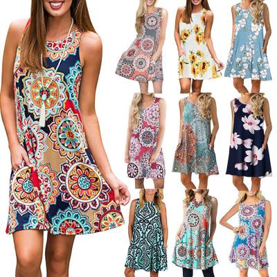 China Hot Sale 40 Models Anti-static Wholesale Cheap Price Women Girls Floral Printing Sleeveless Dresses for sale