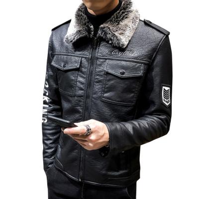 China Waterproof Embroidery Logo On Sleeve Stand Out Wear Slim Fit Fur Collar Winter Fleece Windproof Lined Soft Leather Jacket For Men for sale