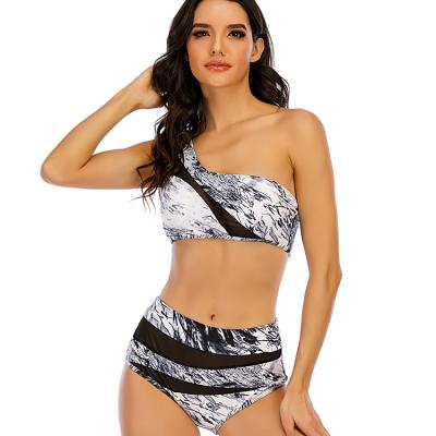 China One Shoulder QUICK DRY Design Two Piece Nylon/Spandex Stretch Women Beach Wear Marble Print Swimwear for sale