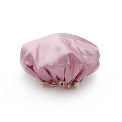 China Free Sample Stocked Promotional Waterproof Custom Double Layer Shower Cap Silk With PVEA Inside Fabric Hair Hood Shower Cap For Women for sale