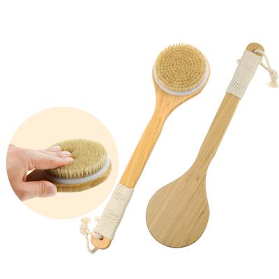 China Long Handle Shower Brush with Natural Bristle Bamboo Long Handle Bath Body Brush for Wet or Dry Brushing Exfoliating Skin for sale