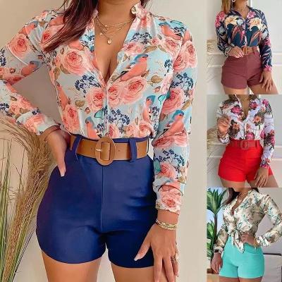 China Anti-pilling Style Blouse Blouse Long Sleeves V Collar Matching Color Retro For Women Summer Casual Woven Chiffon Printed 100% for sale