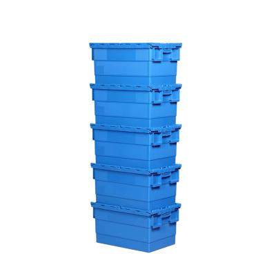 China Stackable Plastic Mobile Boxes Tote Bin Attached Lid Crates Stackable Turnover Box Recyclable Heavy Duty Storage Crates for sale