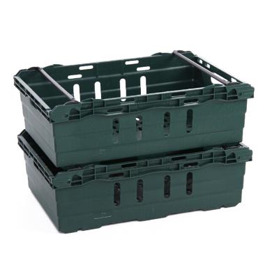 China Supermarket Stackable Harvest Box Custom Mobile Basket Fruit Vegetable Crate Storage Bale Arm Plastic Ventilated Stackable Crates for sale