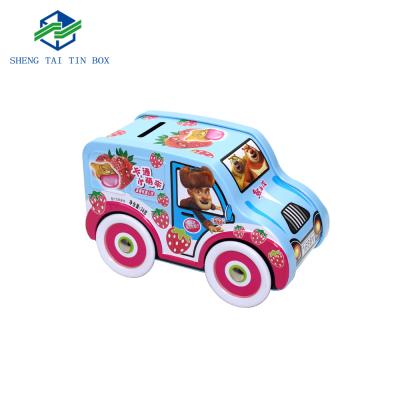 China Recyclable cartoon cookie packaging tin in car shape with four rotating wheels can be used as coin bank for sale