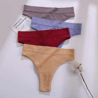 China Breathable Hot Selling Women's Seamless Briefs Threaded Cotton T-back Panties Ladies Solid Color Briefs for sale