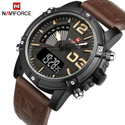 China Luxury Naviforce Alarm 9095 Analog Digital Sport Leather Wristwatches Fashion Brand Men Quartz Business Clock Date Double Week Top Time for sale