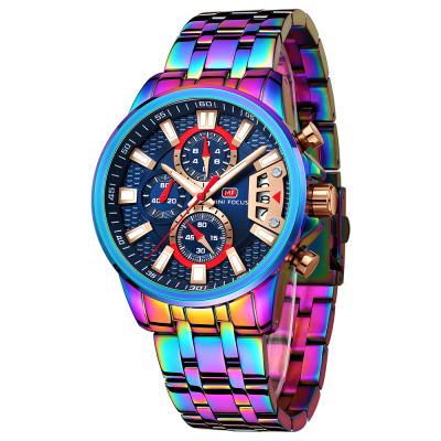 China Date Relojes Hombre Mini Focus MF0352G Rainbow Color Fashion Men Automatic Wristwatches Waterproof Chronograph Quartz Hip Hop Watch for sale