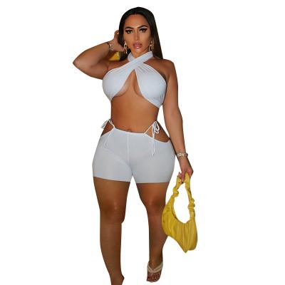 China 2021 Summer Breathable Casual Cavity Top Side Collar Hole Women 2 Piece Set Women Cross Halter Crop Sleeveless Crop Top Side Hot Pants Set for sale