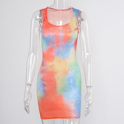 China 2021 Fashion Round Neck Breathable Sleeveless Casual Slim Fit Bodycon Tie Dye Mini Dress Lady Streetwear Club Outfit Dress Women for sale