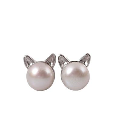 China 2021 Simple Sterling Studs Earrings Cute Cartoon Pearl Cat Earrings Fashion Pearl Stud Earrings Freshwater Cultured for sale